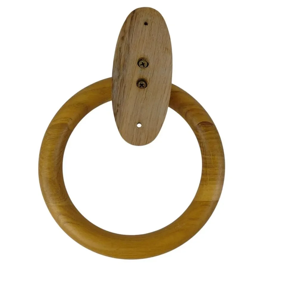 Vtg 80's Oak Wood Towel Ring  Wall Mount Farmhouse Country